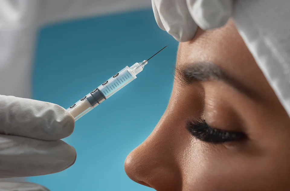 Close-up of neurotoxin cosmetic injection being administered to a woman's forehead